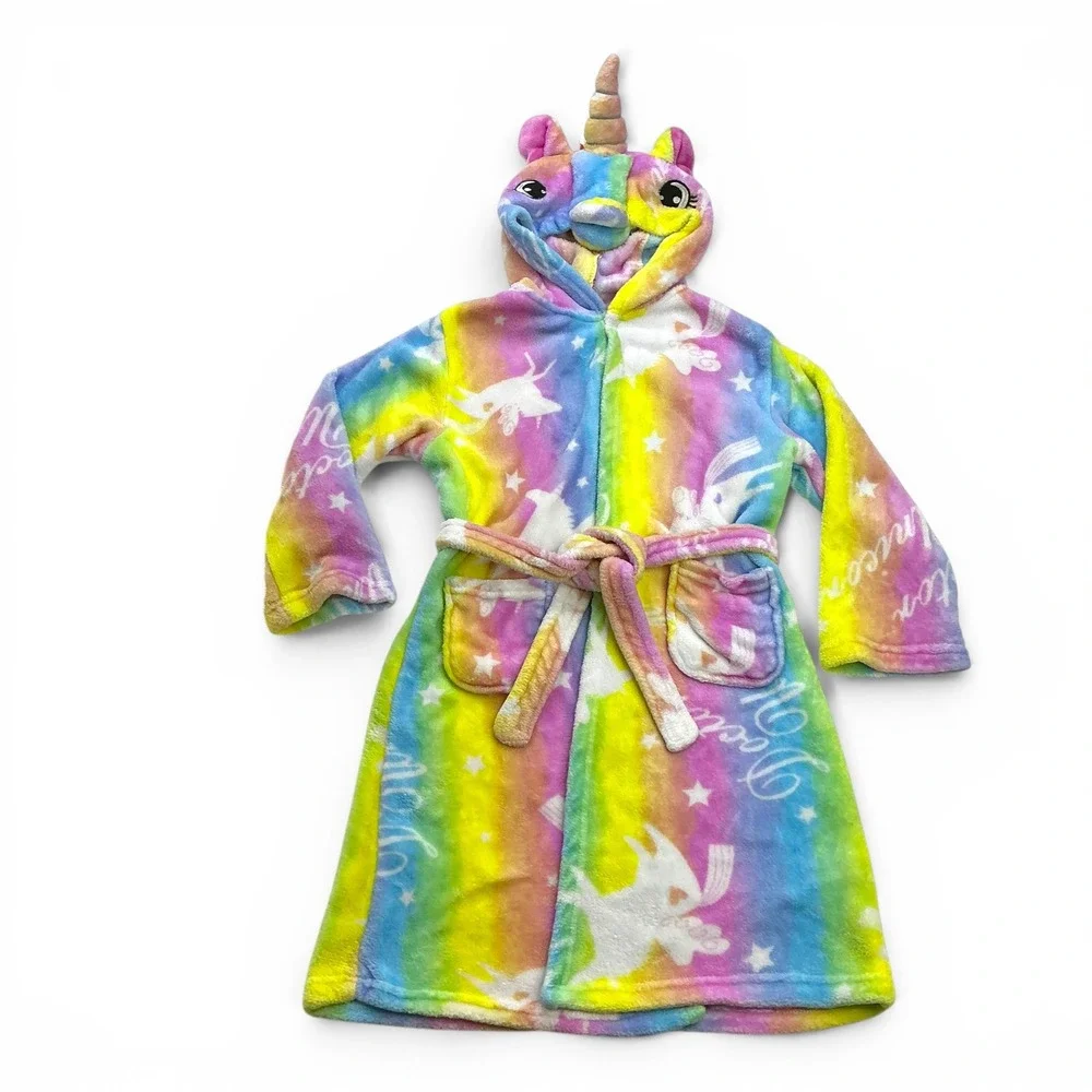 Rainbow Unicorn Fleece Robe Kids 6-7Y With Matching Doll Robe Set